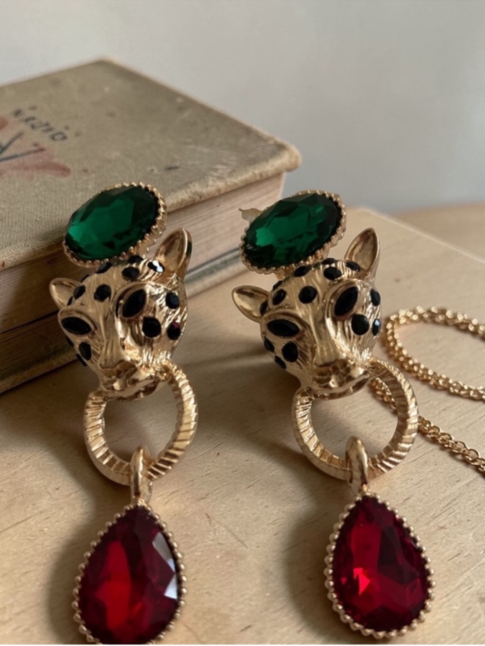 Gold Leopard Head Drop Earrings with Green and Red Gemstones